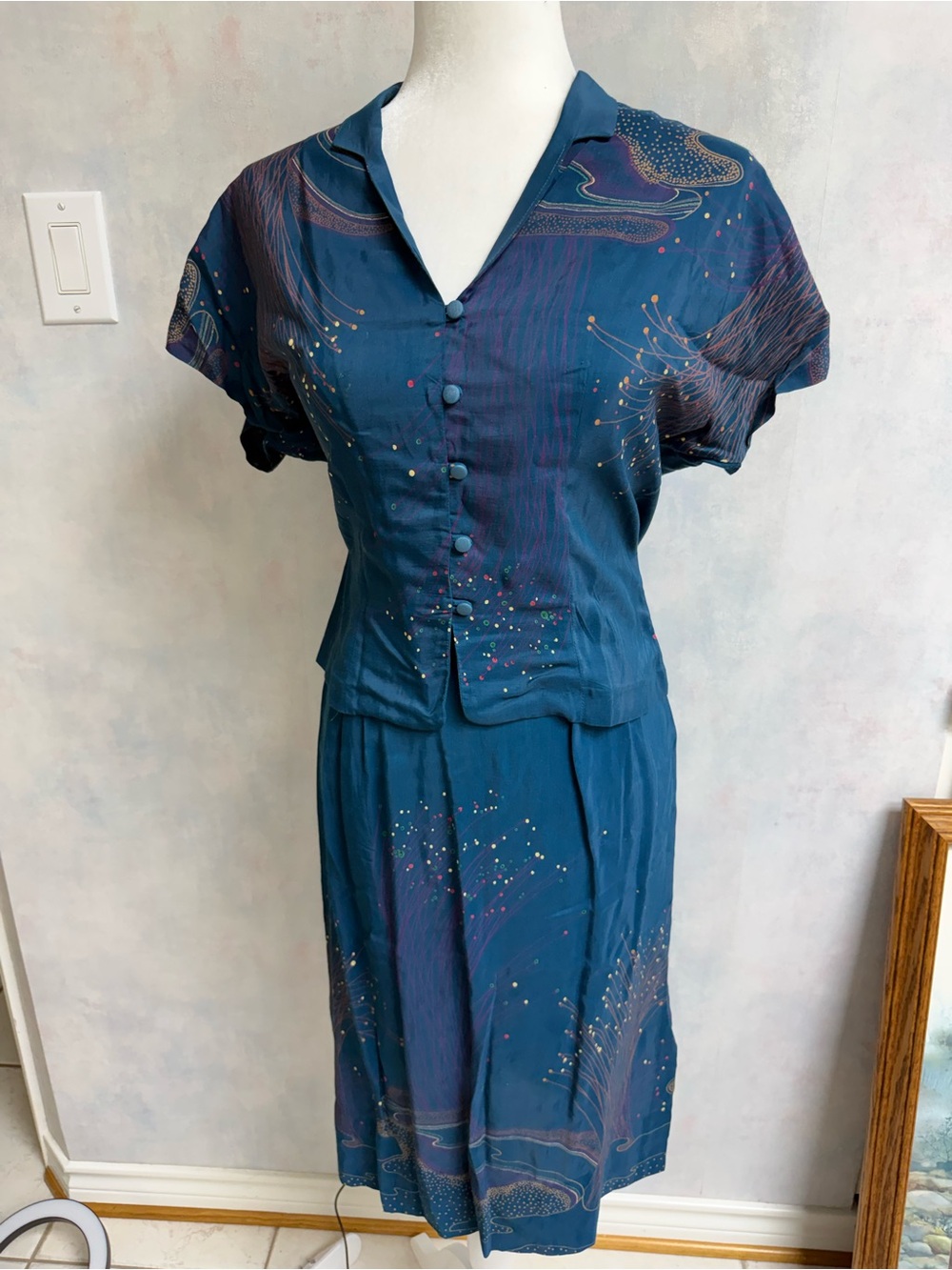 Toute Suite New York - Matching Slate Blue w Asian Print Blouse / Skirt / Dress